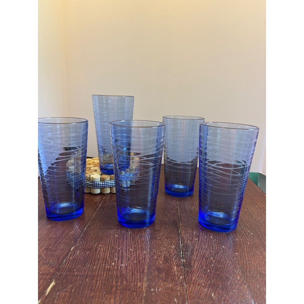 Libbey Cobalt Blue Swirl Highball Glasses Set of 5 Textured Tumblers 16oz
